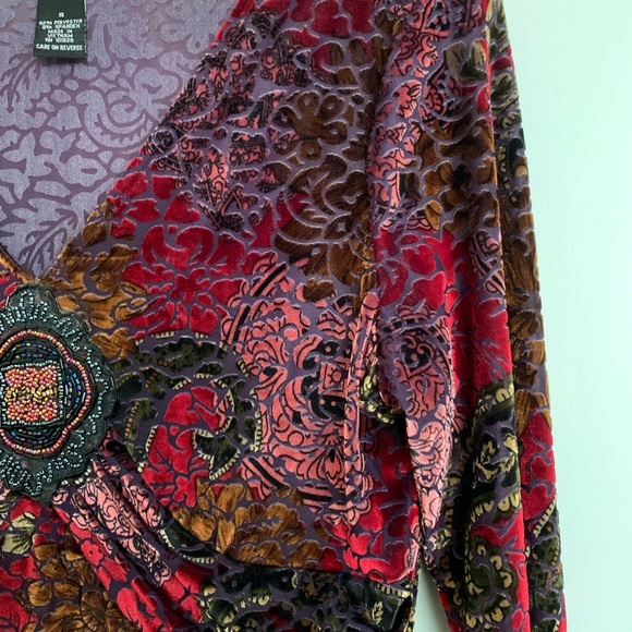 CAROLE LITTLE boho velour paisley multi beaded tunic top S - Picture 3 of 9